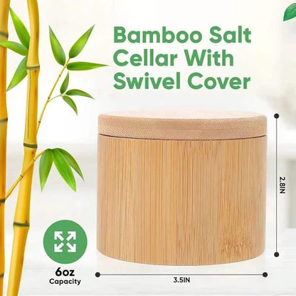 karmiero Salt Cellar, Bamboo Salt Container with Lid, Solid Salt Box Holder with 360° Swivel Lid for Countertop to Store Pepper Spice, Elegant Flaky Salt Containers Bowl on Your Kitchen, 6OZ