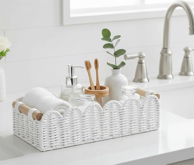 CubesLand Bathroom Basket Organizer, Toilet Tank Paper Storage Baskets 2-Pack, Scalloped Decorative Basket for Countertop w/Handle, Wicker Basket for Bathroom Decor, Home Decor, Living Room, White