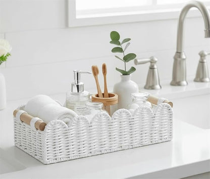 CubesLand Bathroom Basket Organizer, Toilet Tank Paper Storage Baskets 2-Pack, Scalloped Decorative Basket for Countertop w/Handle, Wicker Basket for Bathroom Decor, Home Decor, Living Room, White
