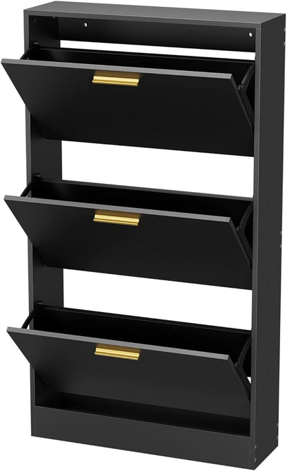 JOZZBY Shoe Cabinet, Black Shoe Cabinet with 3 Flip Drawer, Hidden Shoe Storage Freestanding Shoe Rack Cabinet for Entryway, Hallway, Living Room
