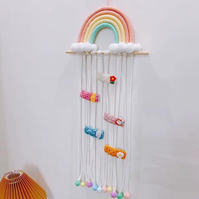 Rainbow Tassels Hair Bows Holder Hanging Baby Hair Accessories Storage Headband Holder Hair Clips Organizer Rainbow Hairpins Hanger Wall Hanging Rainbow Decoration