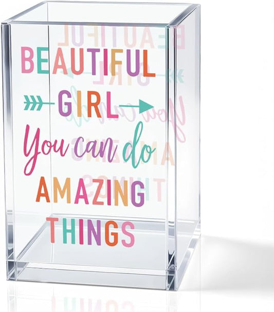 Beautiful Girl You Can Do Amazing Things Acrylic Cosmetic Holder, Inspirational Makeup Brush Holder Gifts, Encouragement Gifts for Teens Women, Bathroom Vanity Storage for Makeup Brushes