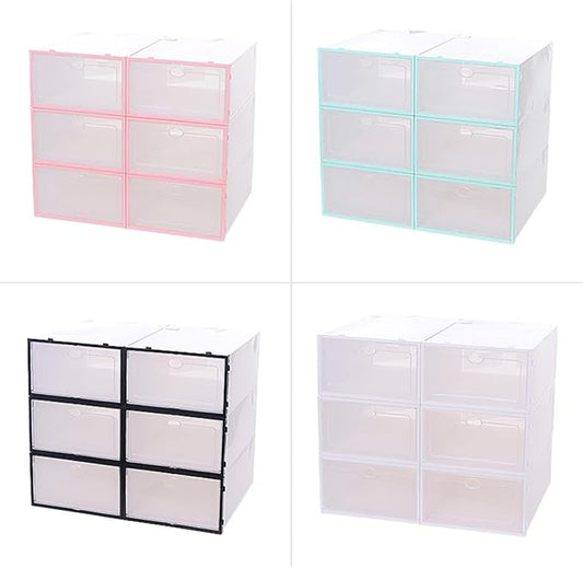 Luxshiny Stackable Shoe Storage Boxes Plastic Organizer Thickened Shoe Container for Men Black Frame 6pcs Storage Bin for Closet and Home
