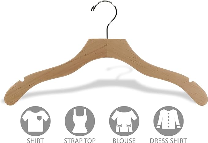 Wavy Wood Top Hanger, Box of 25 Space Saving 17 Inch Wooden Hangers w/Natural Finish & Chrome Swivel Hook & Notches for Shirt Jacket or Dress