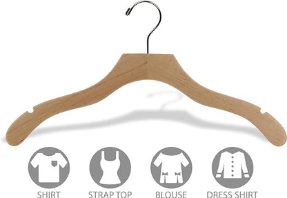 Wavy Wood Top Hanger, Box of 25 Space Saving 17 Inch Wooden Hangers w/Natural Finish & Chrome Swivel Hook & Notches for Shirt Jacket or Dress