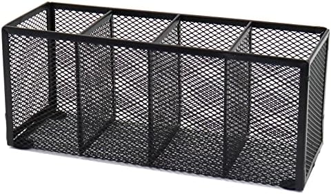 Black Mesh Pen Holder, Metal Desk Organizer Desktop Stationery Office Supplies Acessories Storage Stand, 4 Compartments Pencil Organizer Brushes Holder for Home School Classroom Teachers by Flytreal