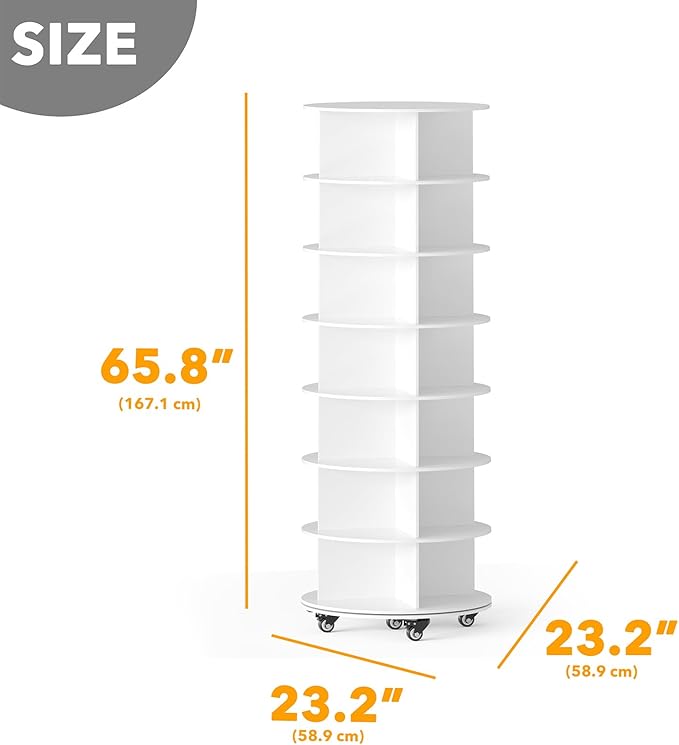 SpaceAid Spinning Shoe Rack with Wheels, 7 Tier Rotating Organizer Shoe Tower Lazy Susan with Thick Bottom, 360 Display Revolving Storage Shelf, Round Circular Rotate Organization, White
