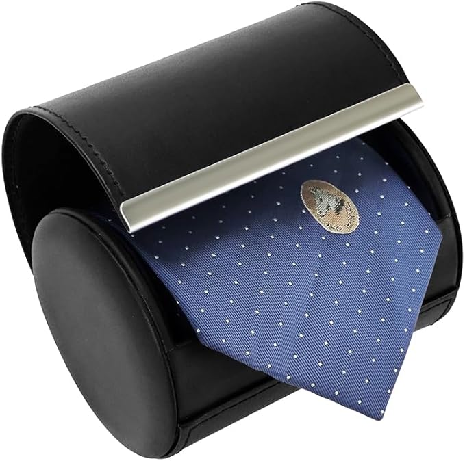 Leather Tie Case Box Organizer for Men's Necktie and Bow Tie Storage Travel Gift Box (long button, Black, 4.3" x 3.3" x 3.3")