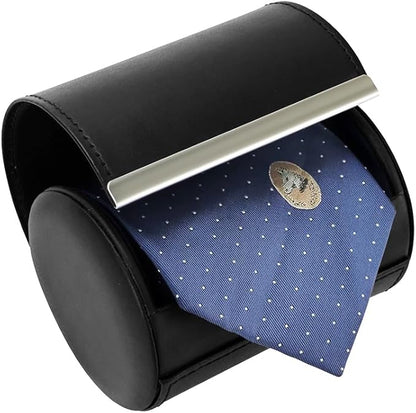 Leather Tie Case Box Organizer for Men's Necktie and Bow Tie Storage Travel Gift Box (long button, Black, 4.3" x 3.3" x 3.3")