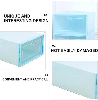 6 Pcs Women’s Plastic Shoe Storage Boxes with Flip Lid, Drawer-style Organizer 31×21.5×12.5 Cm, Heart Pattern Blue for Closet and Home Shoes Storage