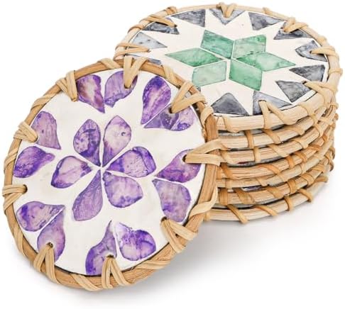 Covzoe 8 Pieces Shell Rattan Coasters with Mother of Pearl, 4 Inch - Image 3