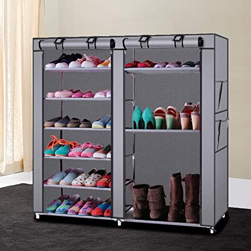 Simply-Me Portable Shoe Rack Double Rows 9 Lattices Shoe Cabinet Combination Shoe Rack Closet with Fabric Cover Shoe Storage Organizer Shelf Gray