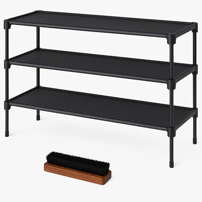 3-Tier Metal Shoe Rack Storage Organizer Set – Includes Wooden Shoe Horn & Brush – Free-Standing Shoe Shelf for Entryway & Closet