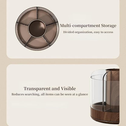 Makeup Brush Holder 360° Rotating 6 Slot Multi-Compartment Storage, Acrylic Spinning Organizer for Cosmetics Nail Polish Combs, Bathroom Vanity Desktop Organizer (Dark Woodgrain)