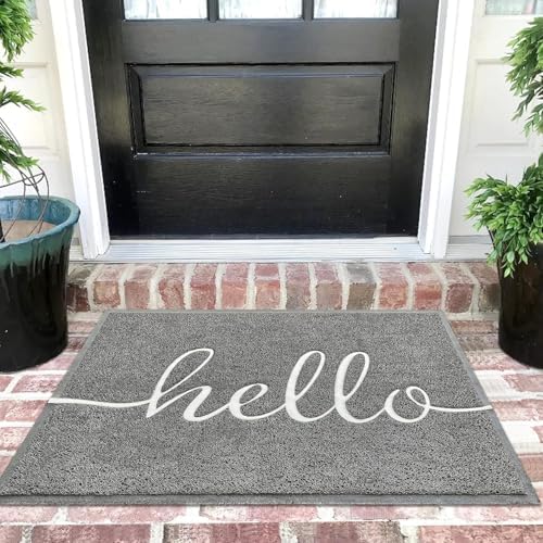 EARTHALL Door Mat Outside Inside Hello Doormat, 36"x24", Durable Floor Mat Non Slip Mat Ultra Absorb Mud Easy Clean Front Doormat for Garage, Entryway, Patio, High Traffic Areas, Grey by EARTHALL