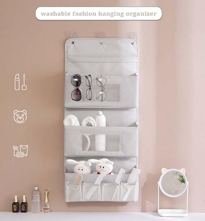 Over The Door Hanging Organizer with 2 Clear Pockets, Behind The Door Storage, Diaper Closet Hanging Baby Storage Makeup Organizer - Grey