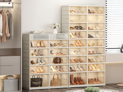 Redlife 9 Tier 36 Pairs Foldable Shoe Rack Organizer, Clear Portable Plastic Shoes Rack, Collapsible Shoes Storage Box with Lids Door, Large Tall Shoe Cabinet for Closet