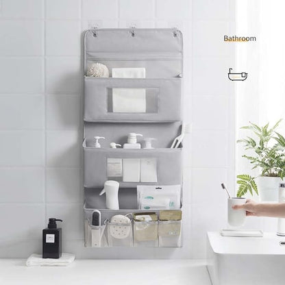 Over The Door Hanging Organizer with 2 Clear Pockets, Behind The Door Storage, Diaper Closet Hanging Baby Storage Makeup Organizer - Grey