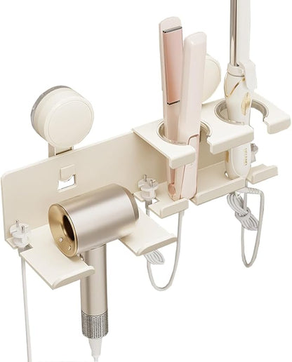Hair Dryer Holder Wall Mounted - Suction Hair Dryer Organizer with Shelf & Hooks, 3 in 1 Bathroom Hair Tool for Blow Dryer, Curling Iron, Straightener (Beige)