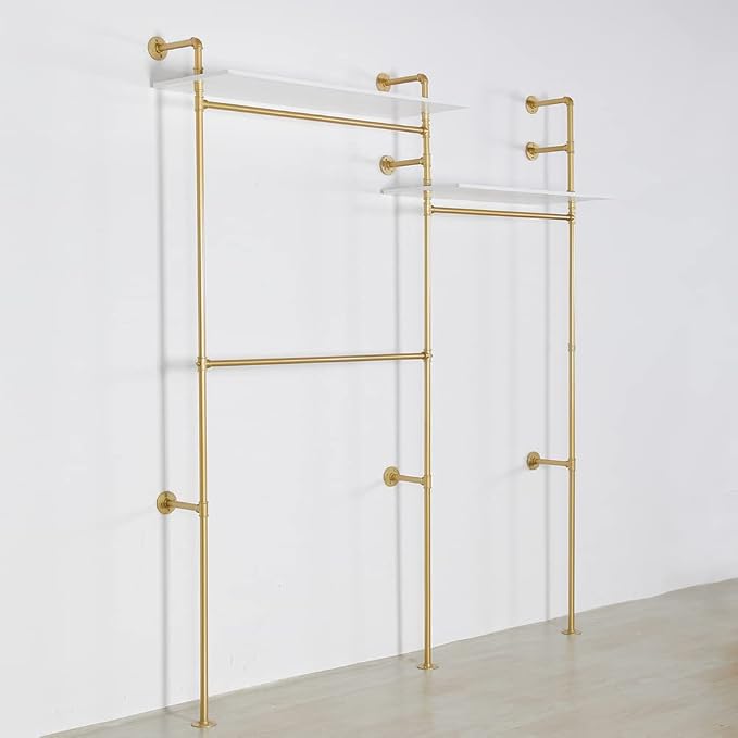 Industrial Pipe Clothing Rack Wall Mounted, Heavy Duty Hanging Clothes Rack Clothing Store Display Stands Garment Rack Closet System, 2 Tier Wood Garment Rack (Gold, 96.5x80.7inch)