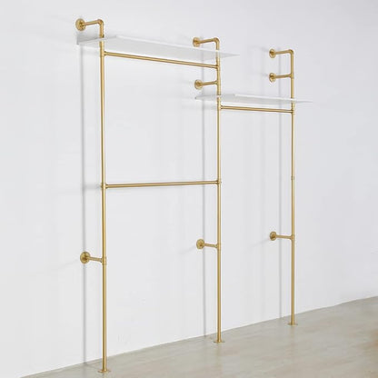 Industrial Pipe Clothing Rack Wall Mounted, Heavy Duty Hanging Clothes Rack Clothing Store Display Stands Garment Rack Closet System, 2 Tier Wood Garment Rack (Gold, 96.5x80.7inch)
