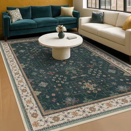 Hazo Haus Dark Green Oushak 5x7 Living Room Rug - Modern Vintage Boho Eclectic Floral Pastel, Washable Low Pile Non-Slip Large Area Rugs for Nursery Dining Under Table Bedroom Lounge by HazoHaus