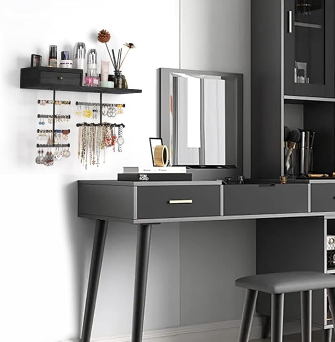 VINAEMO Jewelry Organizer Hanging Wall Mounted Jewelry Holder with Rustic Wood Drawer & Large Capacity Storage Shelf Rack Display for Earrings Rings Necklaces Bracelet(Black)