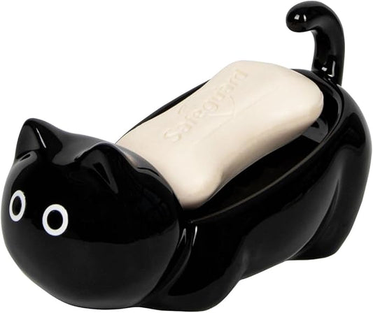 Ceramic Cute Cat Soap Dish, Self-Draining Bar Soap Holder for Shower, Decorative Soap Tray for Bathroom Sink Kitchen Counter, Easy Clean Soap Saver Tray (Black)