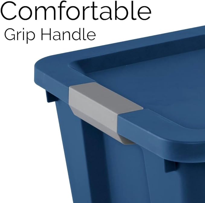Large Storage Bin, 20 Gallon Plastic Storage Tote with Latch Lid and Grip Handle, Stackable Container for Household, Garage, Basement, or Outdoor, Blue