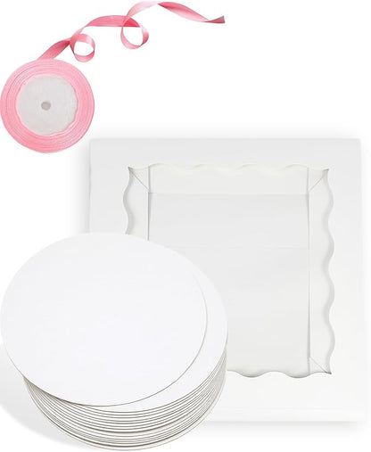 qiqee White 10x10x8 Cake Box, 4 Sets Cake Box with Window ＆ 4 Sets 10" Cake Round Boards, 10inch Cake Containers, 10 Meters Pink Silk Ribbon Includes