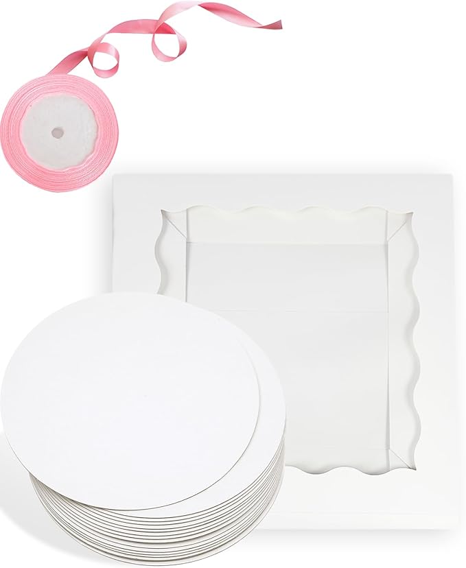 qiqee White 10x10x8 Cake Box, 18 Sets Cake Box with Window ＆ 18 Sets 10" Cake Round Boards, 10inch Cake Containers, 10 Meters Pink Silk Ribbon Includes