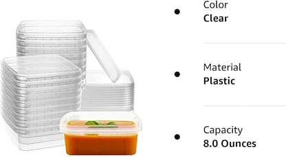 NYHI 8 oz 20 Pack Square Clear Deli Containers with Lids Disposable BPA Free Square Plastic Food Storage Containers with Lids Airtight for Meal Prep Take Out Kitchen