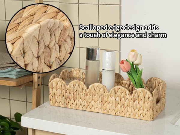 Coeusy 2 Pack Toilet Baskets,Scalloped Edge Wicker Basket for Toilet Paper Storage,Small Baskets for Bathroom,Living Room,Countertop, Shelves,Both Organizer&Decor,Natural Water Hyacinth