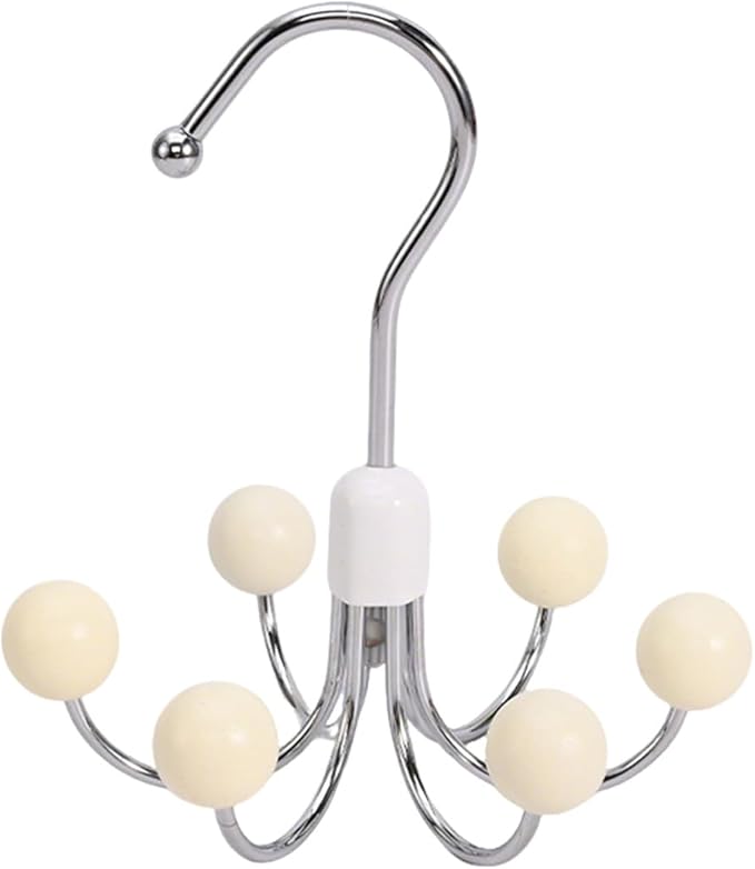 6-Wooden Balls Space Saving Hangers, Multipurpose 360° Swivel Hanger for Closet, Rotatable Wardrobe Hooks, Hanging Holder Organizer for Purse, Belt, Scarf, Bra, Hat and Tie Storage (Beige)