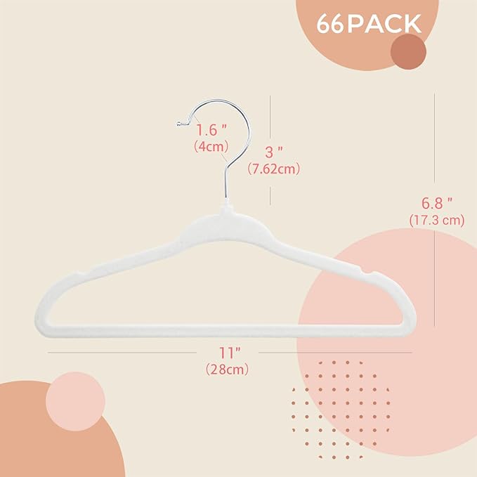 ManGotree 11" Baby Velvet Hangers, Non-Slip Kids Coat Hangers with 360° Swivel Hook, Ultra-Thin Felt Children's Hanger for Infant & Toddler Clothes, 66 Pack (White)