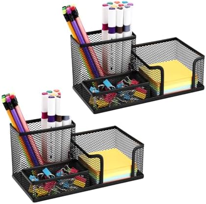 2-Piece Desk Pen & Pencil Organizer - Mesh Metal Pen Cup with Sticky Notes Holder, Black by Byjoph