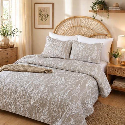 JANZAA Twin Quilt, Oatmeal Quilt Set Floral Bedspread 2 Pcs Bedding Set by JANZAA