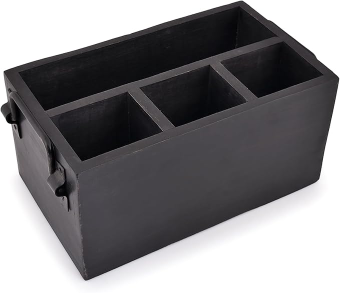 EDHAS Mango Wood 4 Compartment Flatware Caddy, Cutlery Utensil Holder with Napkin Holder for Kitchen, Dining, Picnics (10" x 6" x 5")