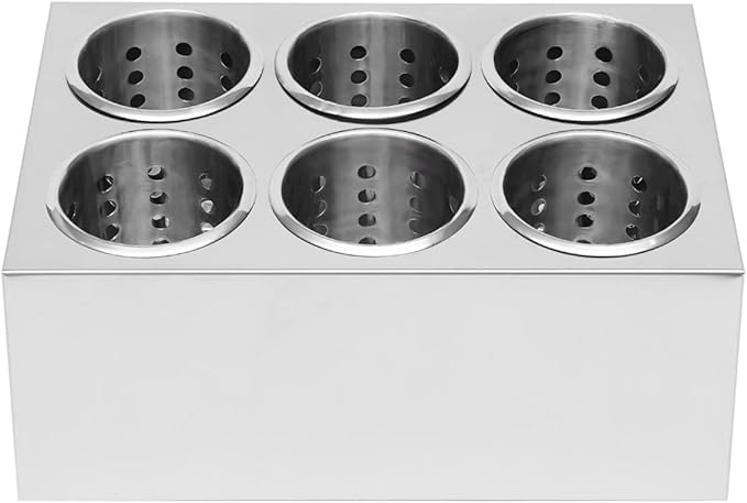 Commercial 6-Hole Stainless Steel Cylinder Flatware Silverware Utensil Holder Organizer Caddy, Detachable Countertop Utensil Dispenser for Forks Spoons Knives for Kitchen Restaurant Buffet