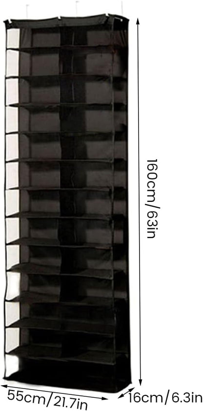 Over the Door Shoe Shelves 26 Section Space Saving Hanging Shoe Organizer with Hooks Clear Window Foldable Shoe Display Shelves Stand for Shoes Hat Toys Home (Black)