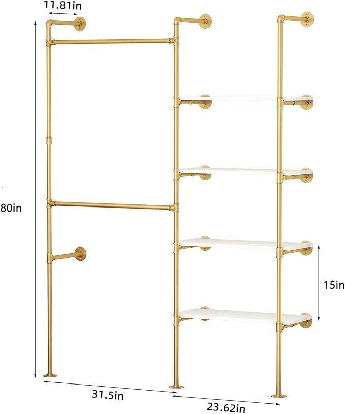 Industrial Pipe Clothing Rack, Heavy Duty Adjustable Garment Hanger with Shelves, 2 Installation Methods Closet Storage System for Wardrobe Organization (Gold, 80" H x 55" W)
