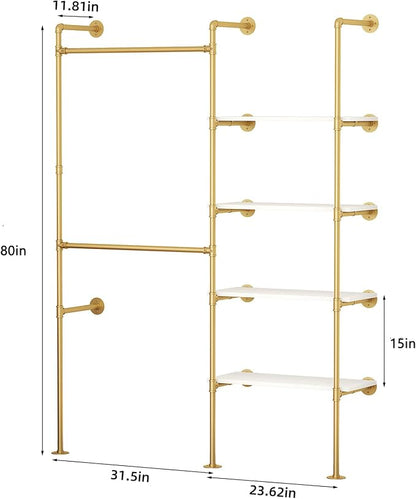 Industrial Pipe Clothing Rack, Heavy Duty Adjustable Garment Hanger with Shelves, 2 Installation Methods Closet Storage System for Wardrobe Organization (Gold, 80" H x 55" W)