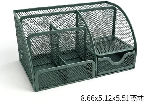 Fengtaiyuan T20, Forest Green Metal Mesh Desk Organizer with Drawer, 8.66x5.12x5.51 inch Multi-functional Desktop Storage Caddy for Office, School, Art Supplies (T20) - Image 2