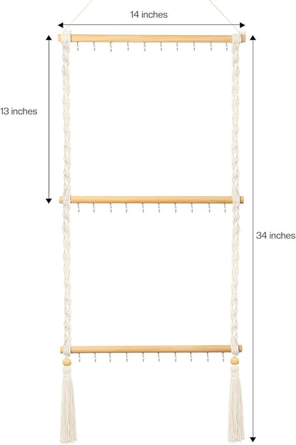 UREYMX Hanging Jewelry Organizer Macrame Necklace Holder, with 30 Hooks, Over Door Necklace Rack, Wall Mounted Jewelry Hanger with Tassel Boho for Necklace Headband Bow Earring Bracelet