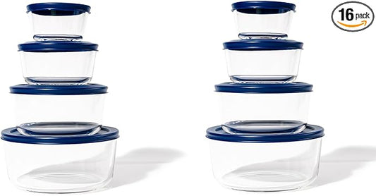16-Piece Glass Food Storage Containers Set (8 Containers + 8 Lids) | Round, Nesting, Microwave & Dishwasher Safe | BPA-Free, Space-Saving | Blue Lids for Pantry & Kitchen Organization, Blue