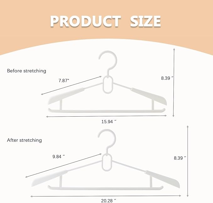 16 Pack Adjustable Clothes Hangers, Heavy Duty Plastic Hangers with Non-Slip Wide Shoulder, 360° Swivel Hook, Extendable 15.9"–20.3", Space Saving Traceless Hangers for Coats, Shirts & Dresses(White)