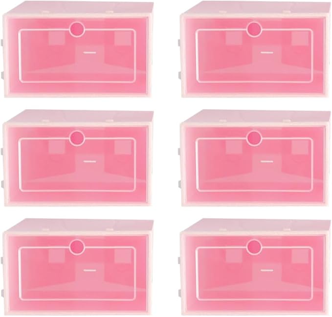 6pcs Stackable Large Plastic Shoes Storage Boxes Thickened Shoe Containers with Pink Lid for Closet and Home Storage