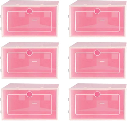 6pcs Stackable Large Plastic Shoes Storage Boxes Thickened Shoe Containers with Pink Lid for Closet and Home Storage