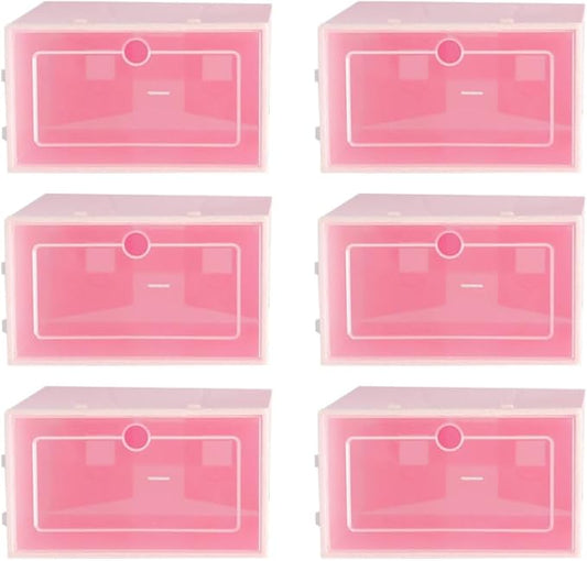 6pcs Stackable Large Plastic Shoes Storage Boxes Thickened Shoe Containers with Pink Lid for Closet and Home Storage