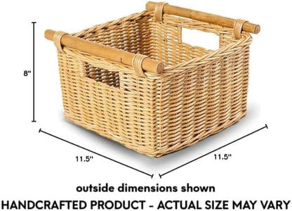 The Basket Lady Deep Pole Handle Wicker Storage Basket, Small, 11.5 in L x 11.5 in W x 8 in H, Sandstone
